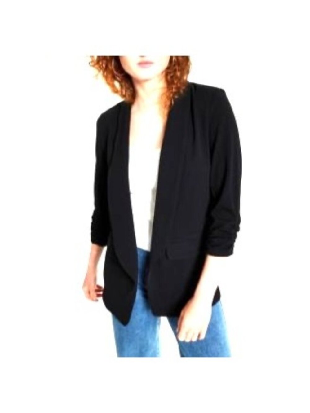Bar III NEW Black Knit Boyfriend Blazer Jacket Scrunched Ruched 3/4 Sleeves Sz L